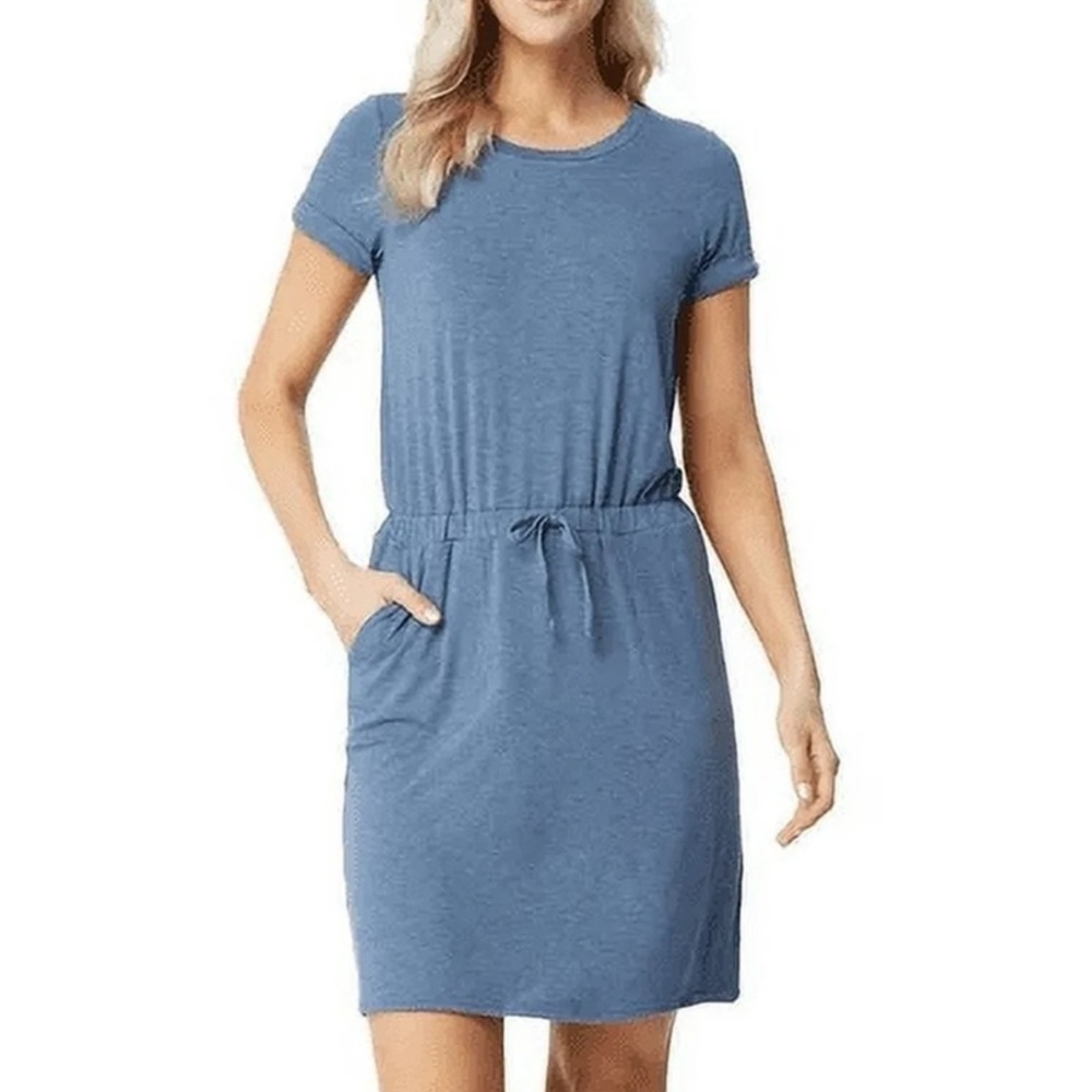 32 Degrees Blue Short Sleeve Drawstring Mini Dress